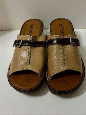Josef Seibel Beige Slide Sandals with Dark Brown Strap